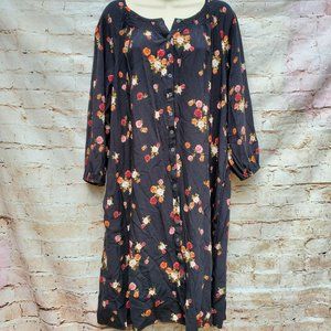 J. Jill Black Floral Dress Long Sleeves Button Front Cottage Core Size Large L